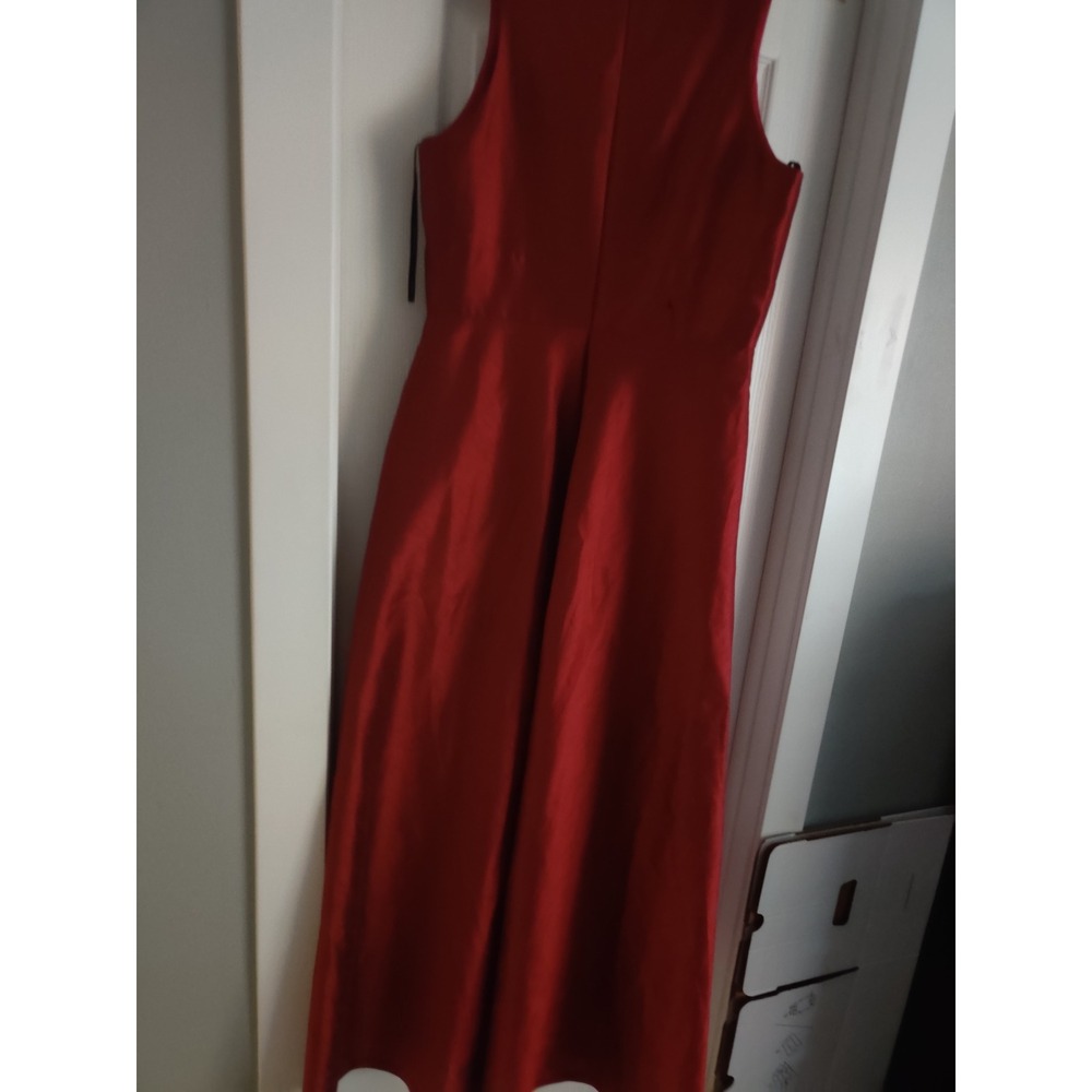 Alfred Sung Red Dupioni V-Neck Sleeveless A-Line Evening Gown Formal Dress - Picture 2 of 7